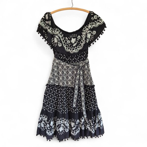 Anthropologie Marisol Size 6 Boho Black & White Embroidered Off-Shoulder Dress - Picture 3 of 11